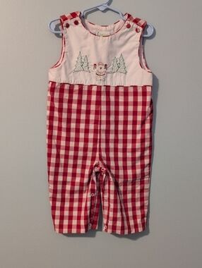Red Gingham Baby Romper with Embroidered Santa